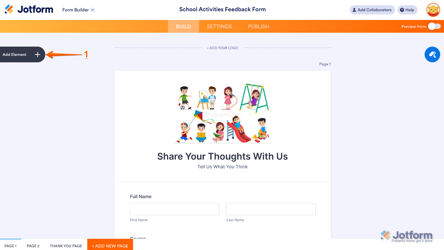 Form Builder interface showing the Add Element button on the left side of the page