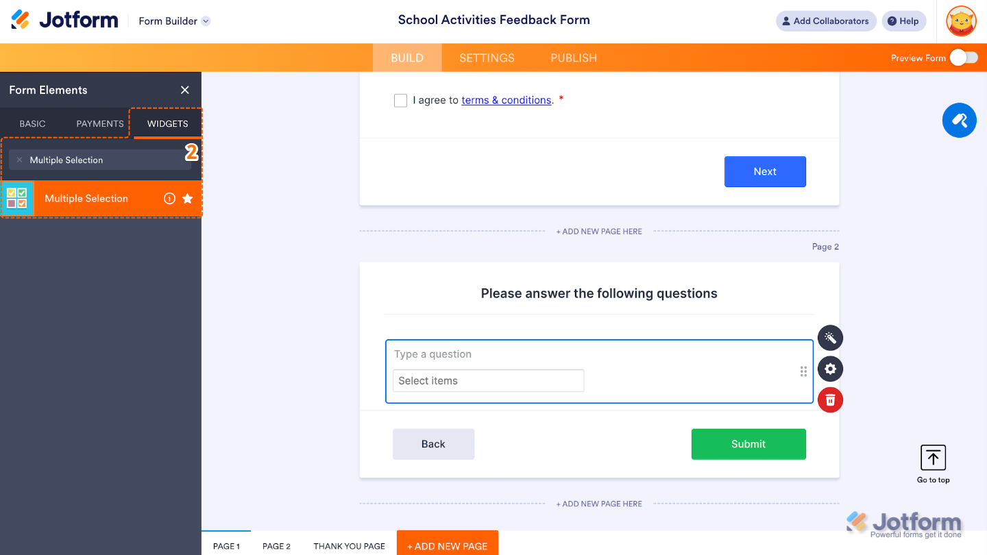 Form Elements menu under the Widgets tab showing Multiple Selection widget being searched and selected