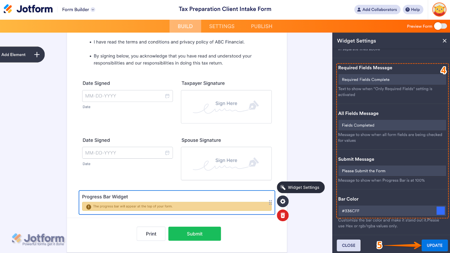 The Widget Settings panel scrolled to the bottom, showing additional configuration options and the Update button to save changes