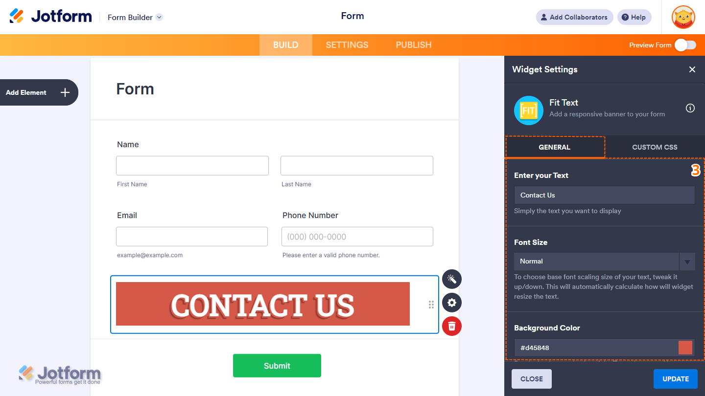 Fit Text widget General settings showing text input font size and background color options in Jotform