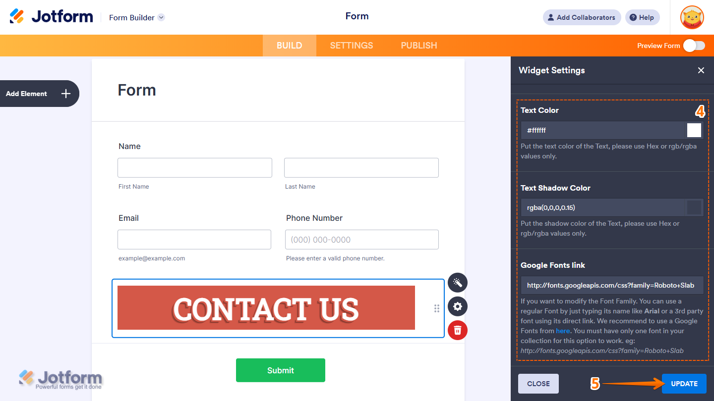 Fit Text widget settings showing text color text shadow color Google Fonts link and Update button in Jotform