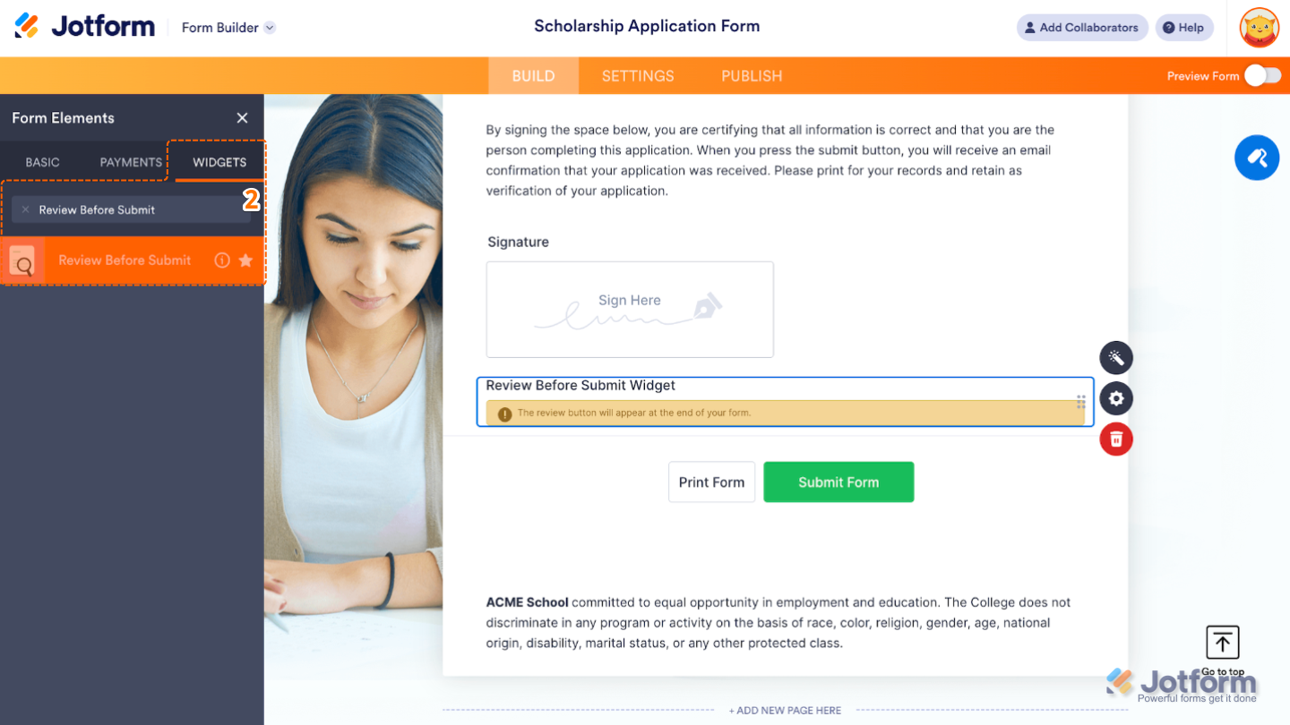 Form Elements menu under the Widgets tab showing the Review Before Submit widget being searched and selected