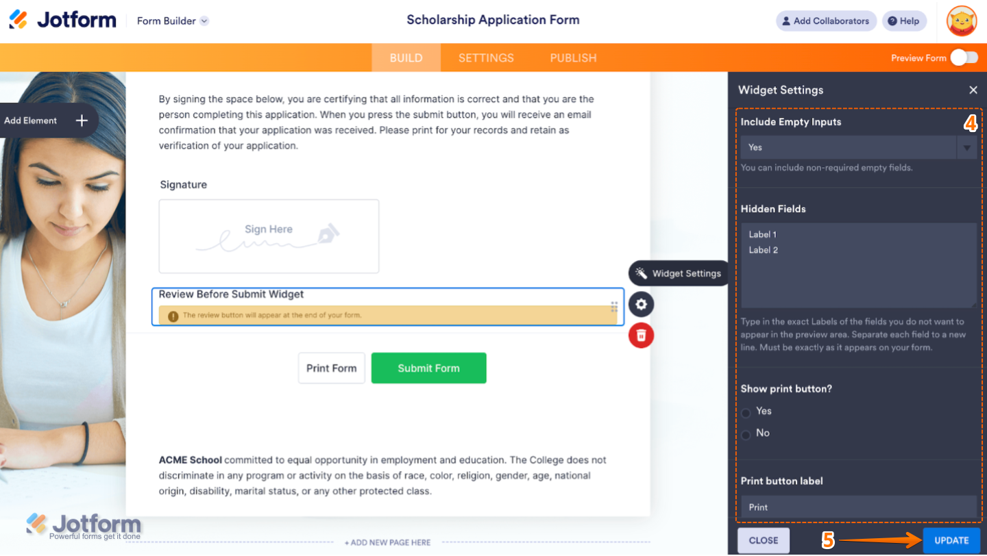 Widget Settings panel scrolled to the bottom, showing additional configuration options and the Update button