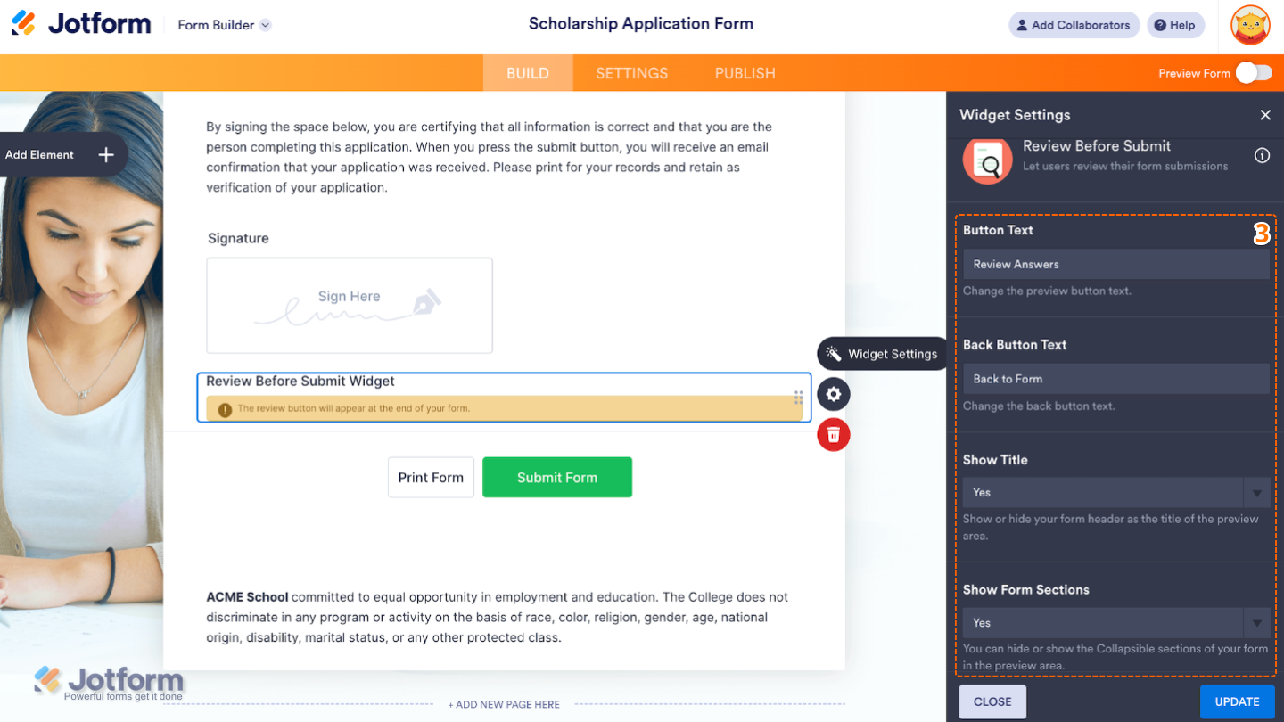 Widget Settings window open on the right side of the Form Builder under the General tab, showing available configuration options