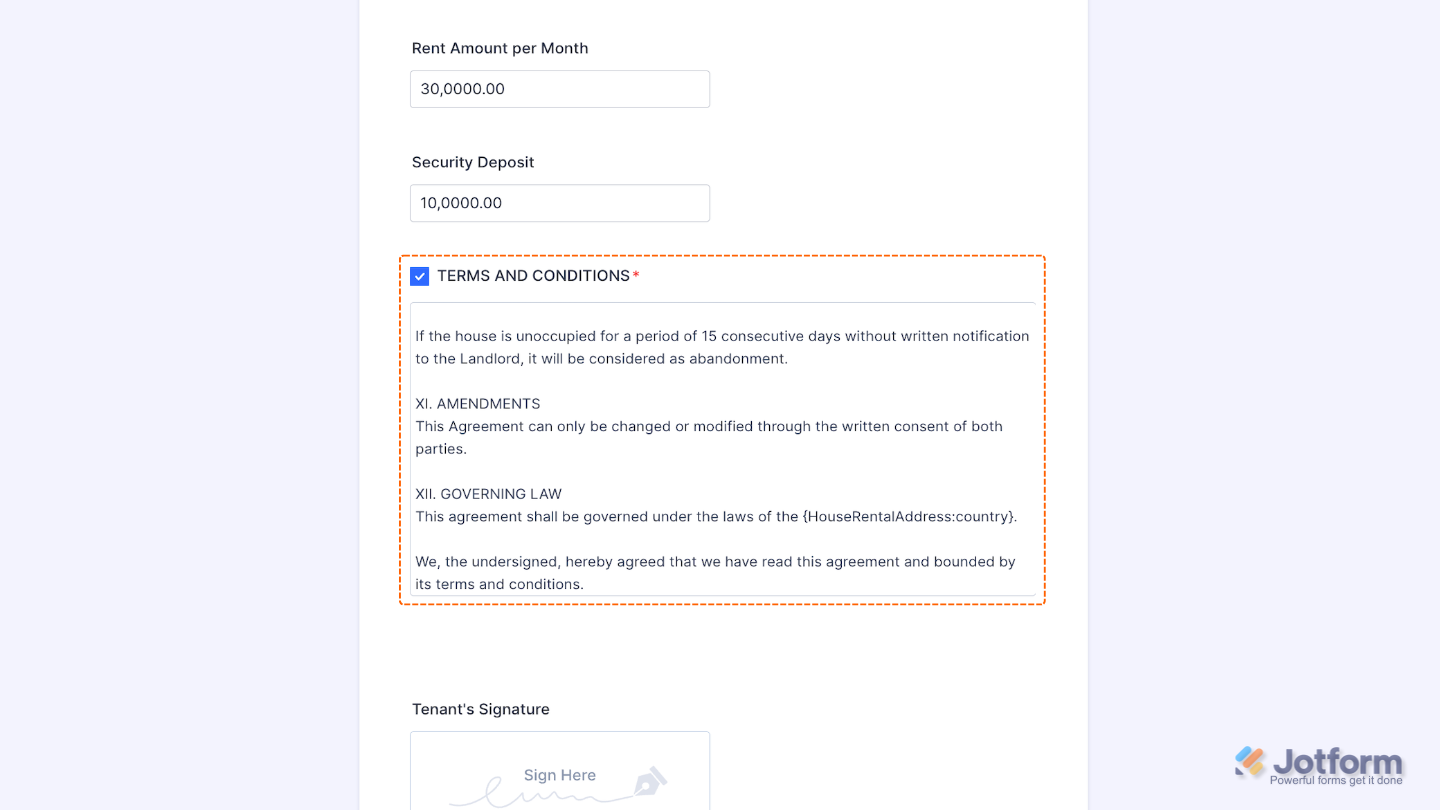 Short Scrollable Terms widget successfully added to a form, displaying long text in a compact, scrollable box with a demo form available