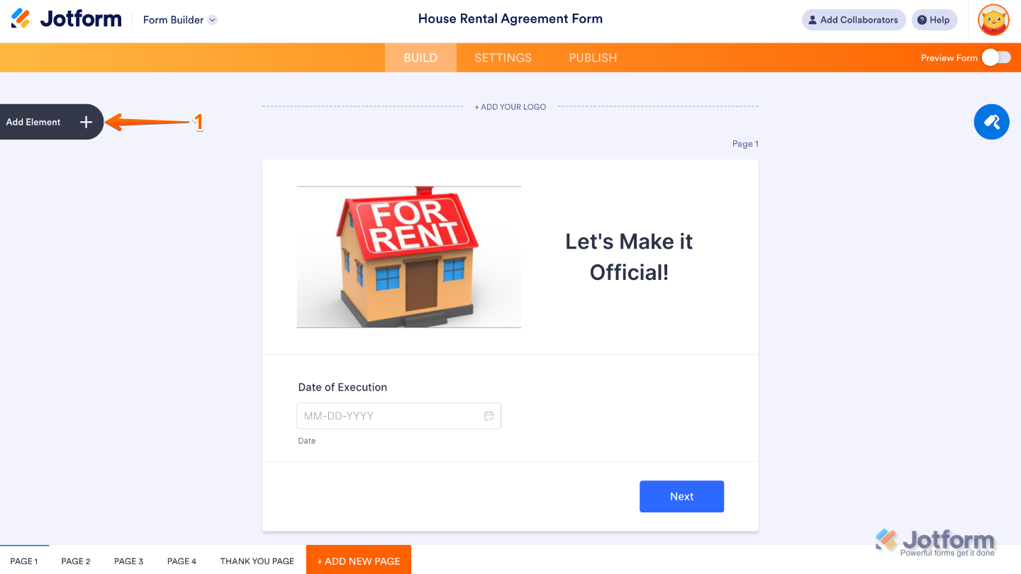 Form Builder interface showing the Add Element button on the left side of the page