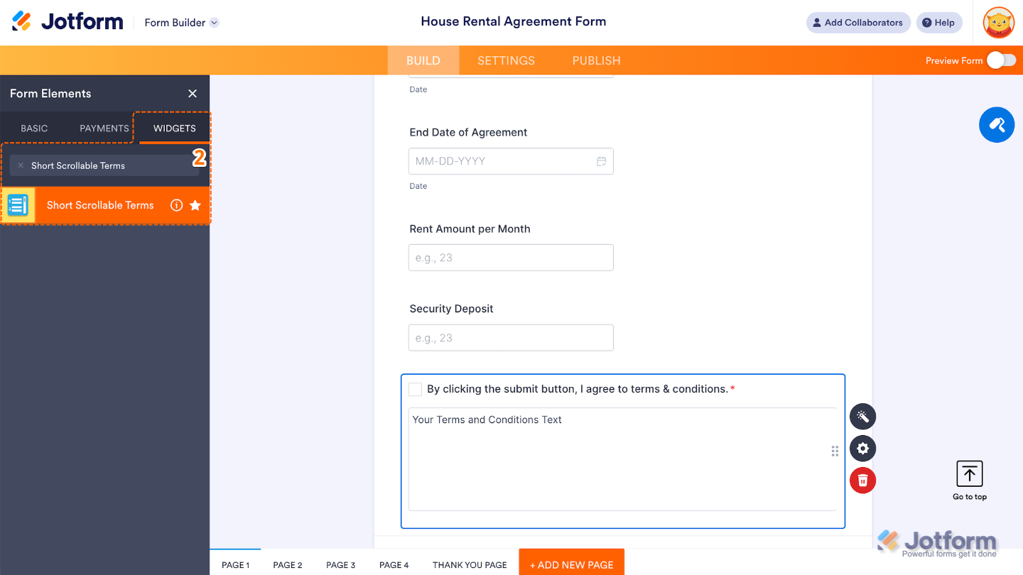 Form Elements menu under the Widgets tab showing the Short Scrollable Terms widget being searched and selected