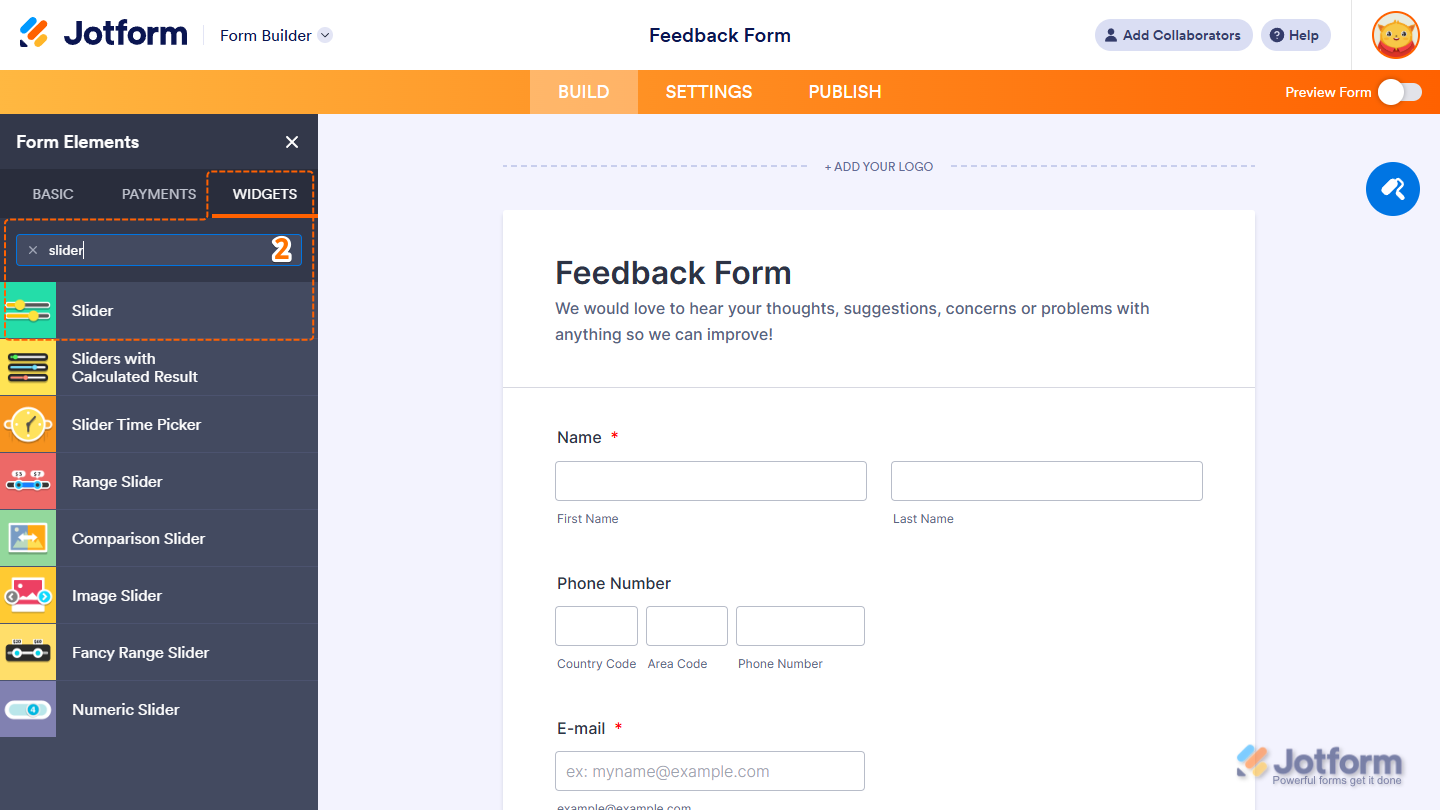 Slider element under the Widgets tab of the Form Elements menu in Jotform Form Builder