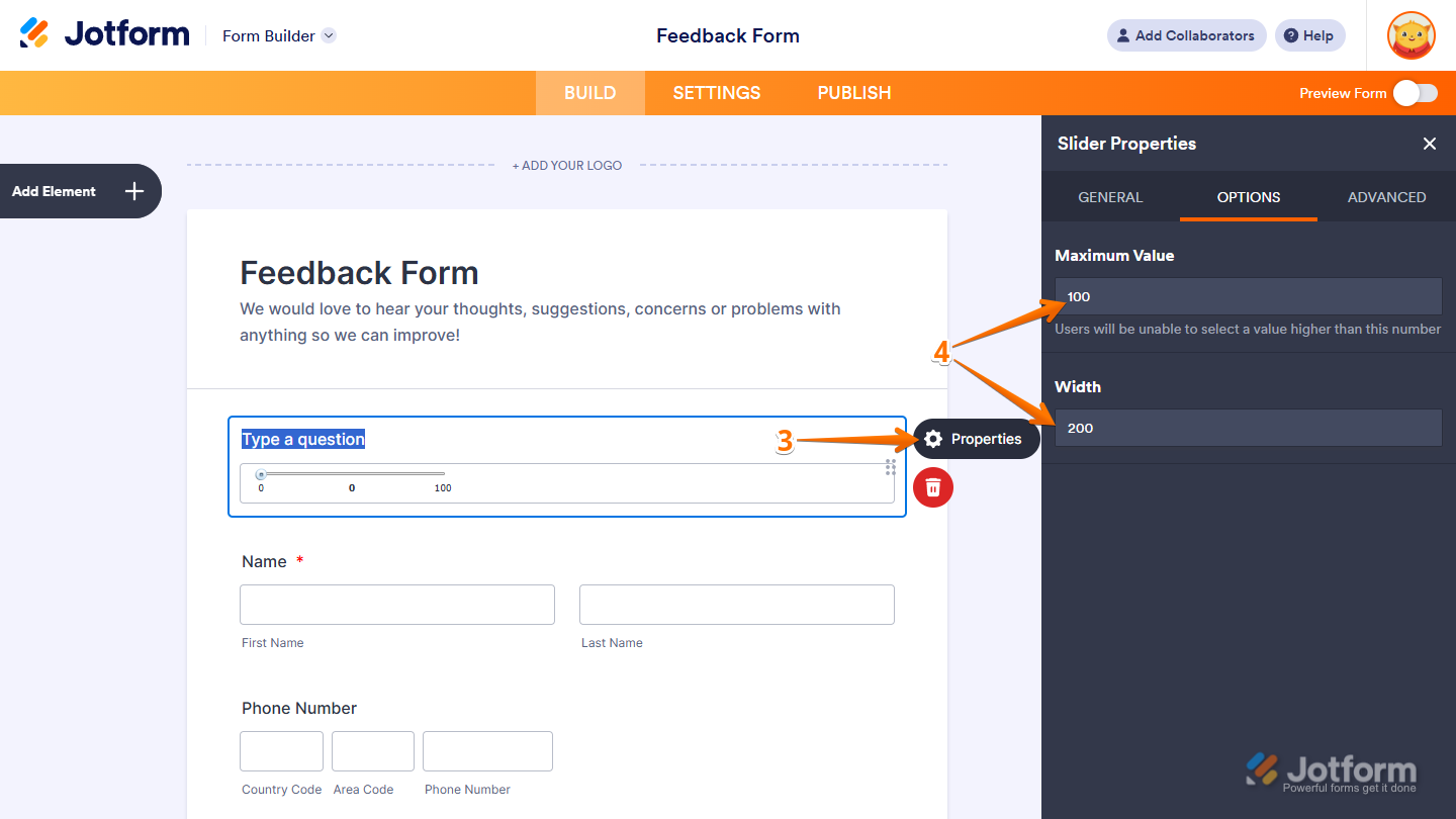 Slider Widget Settings in Jotform Form Builder