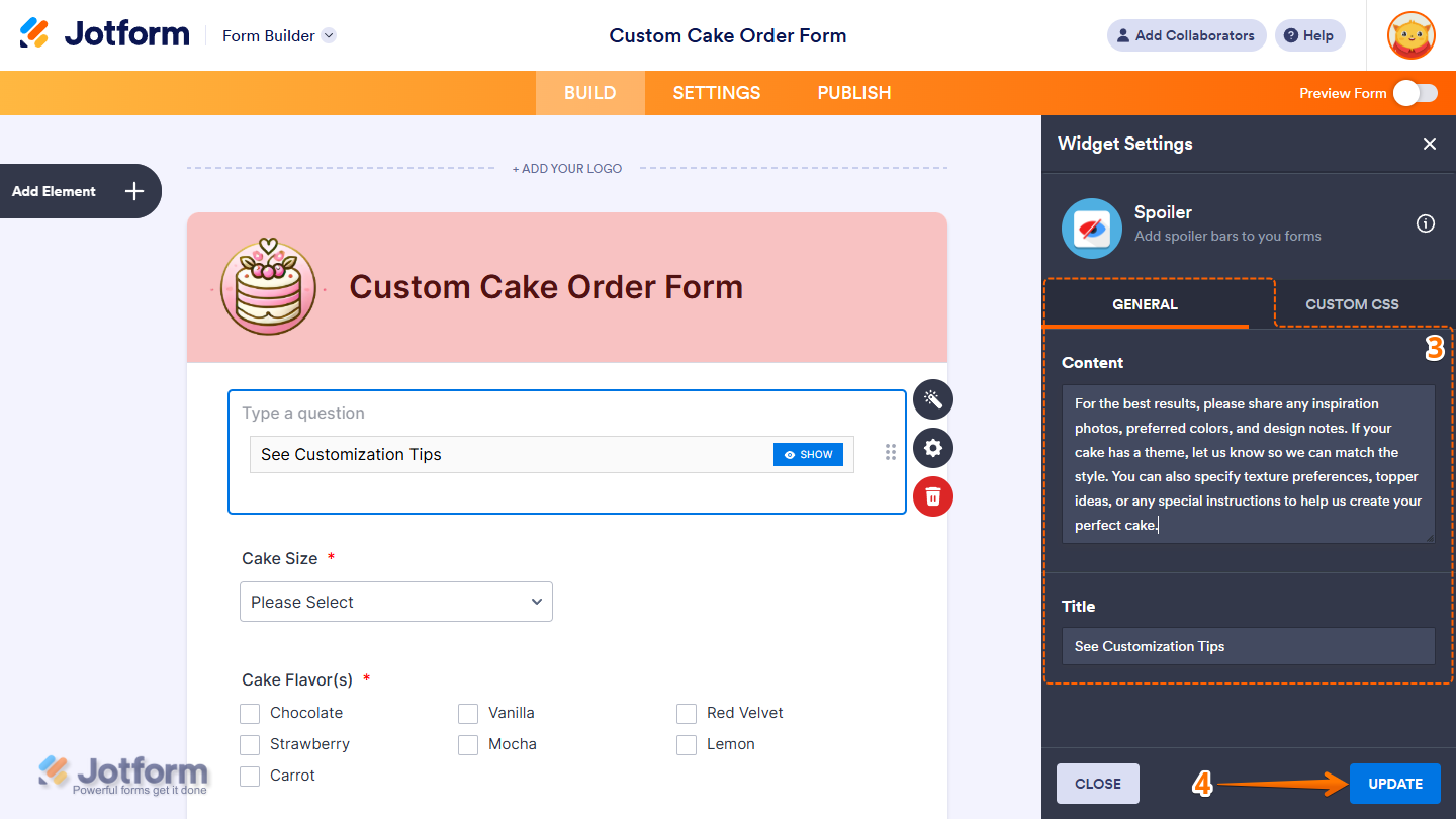 Spoiler Widget Settings in Jotform Form Builder