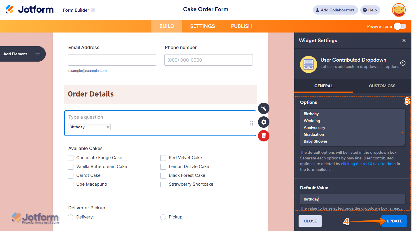 User Contributed Dropdown Widget Settings in Jotform Form Builder