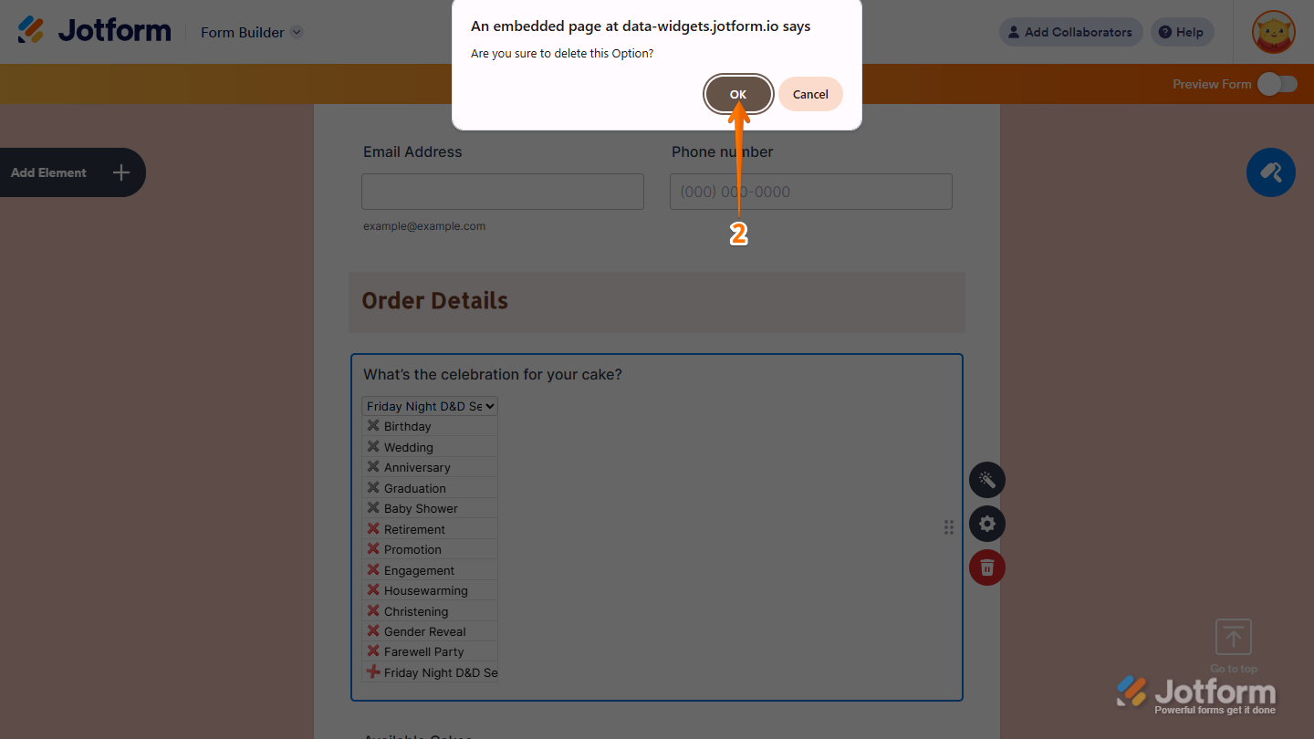 Delete option from the User Contributed Dropdown prompt in Jotform Form Builder