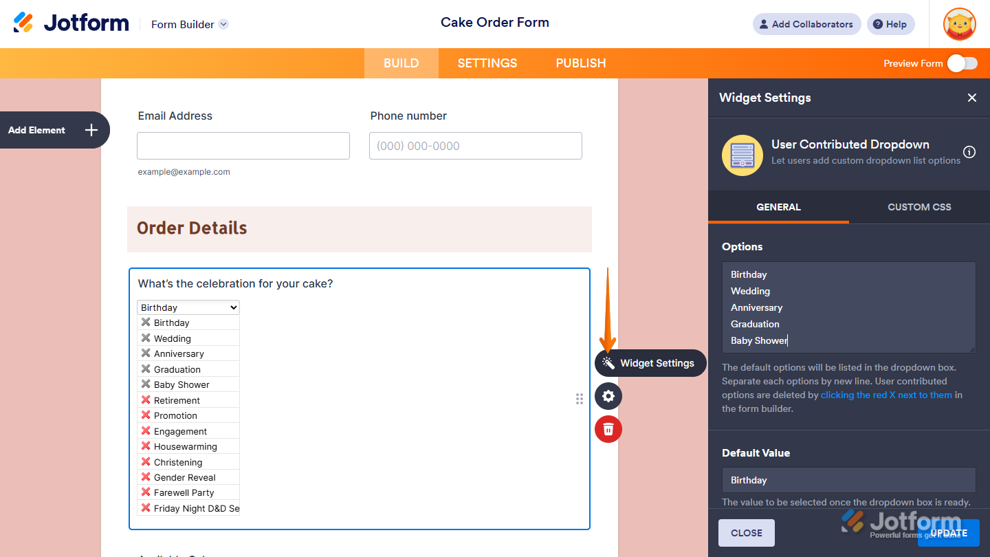 Updating the User Contributed Dropdown in Widget Settings in Jotform Form Builder