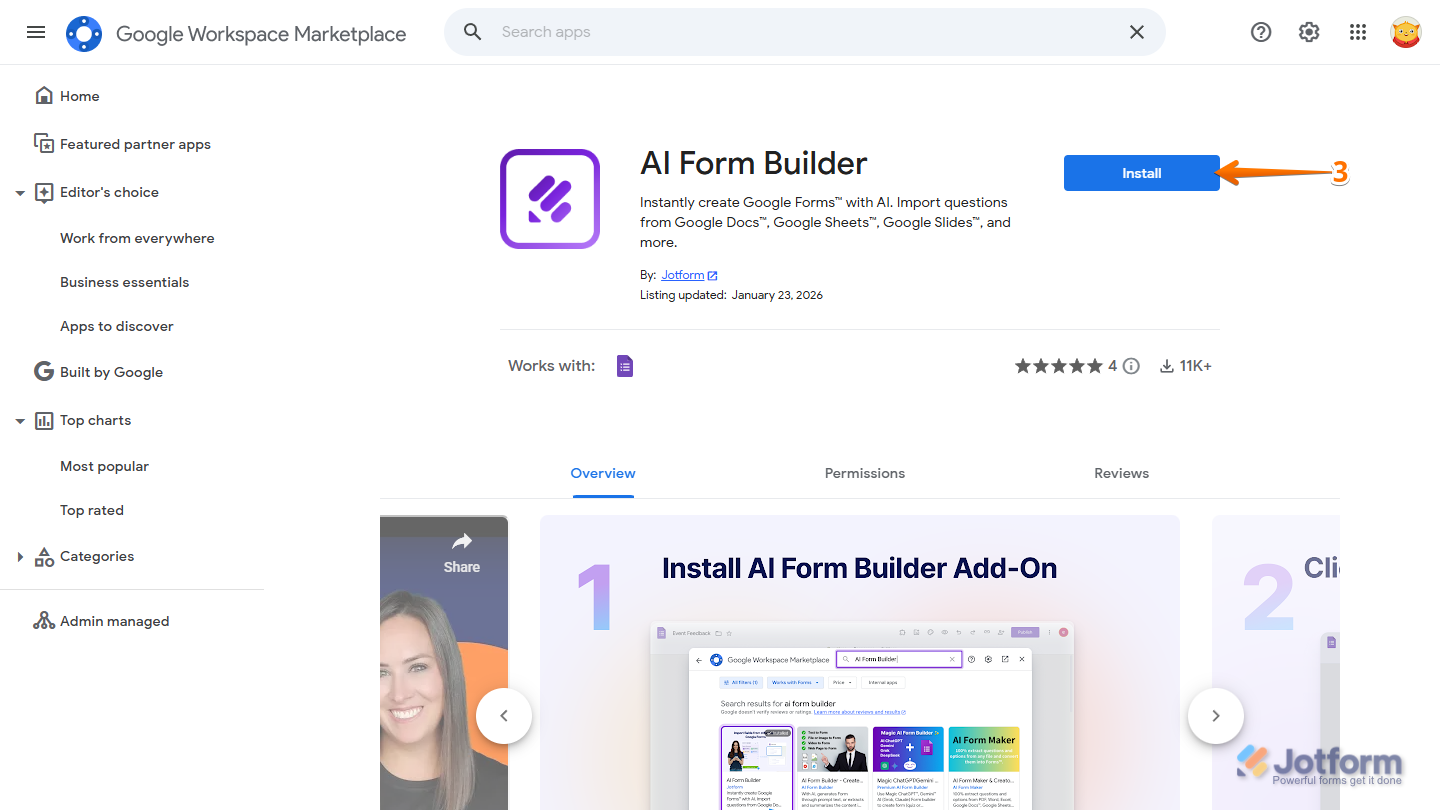 Install button of the Jotform AI Form Builder in Google Workspace Marketplace
