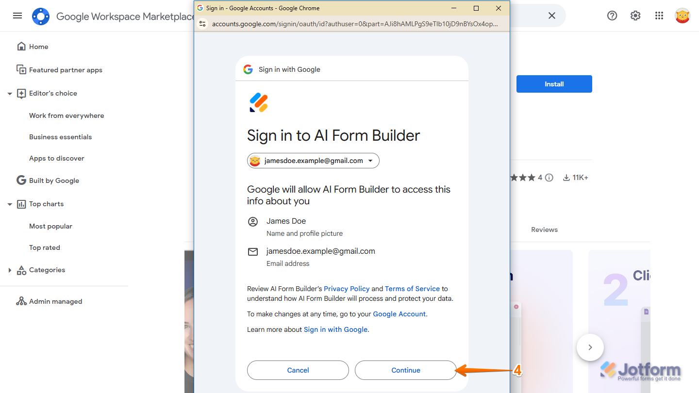 Continue button in Sign In With Google window in Google Workspace Marketplace