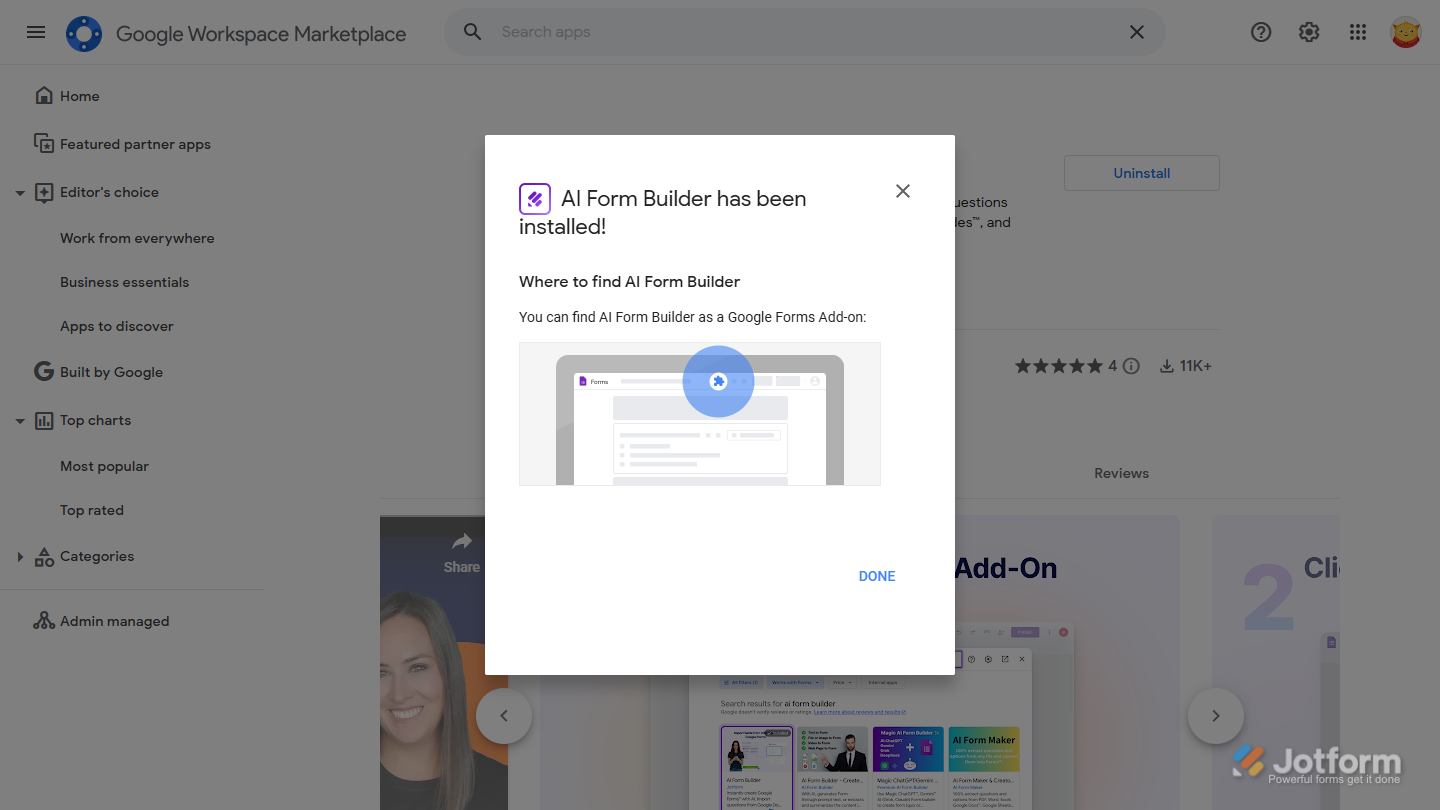 AI Form Builder has been installed confirmation window in Google Workspace Marketplace