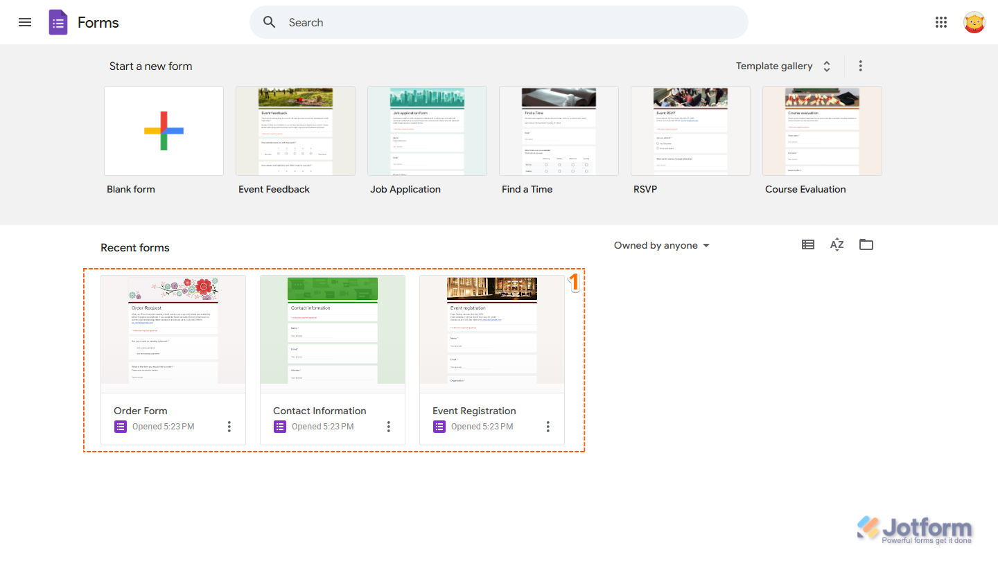 Recent Forms in Google Forms Dashboard