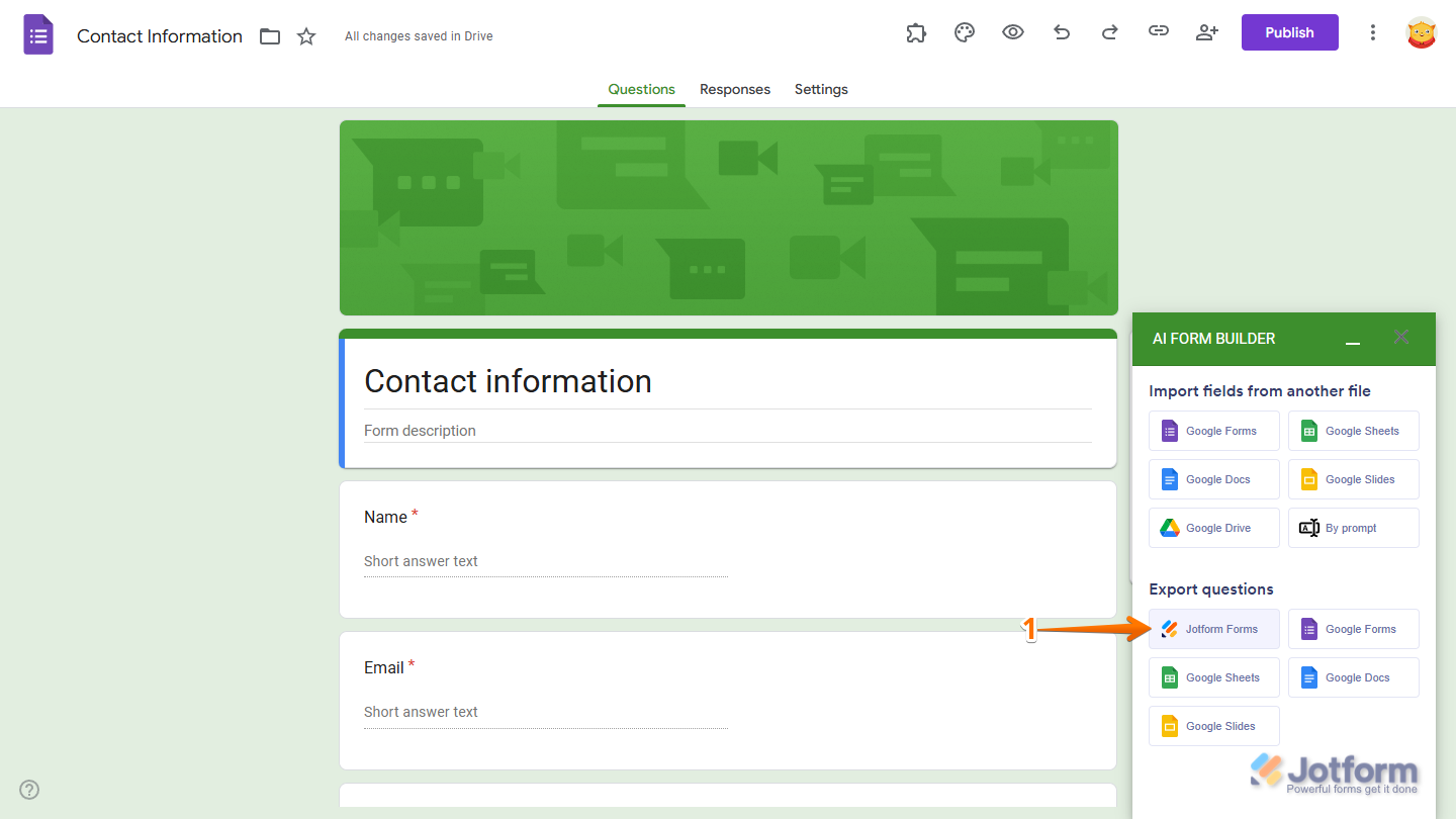 Jotform Forms option in the Export Questions section in the Jotform AI Form Builder menu in Google Forms Editor