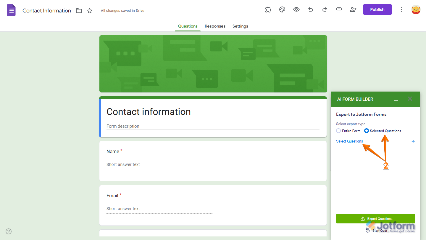 Selected Questions option in the Export to Jotform Forms section in Jotform AI Form Builder menu in Google Forms Editor