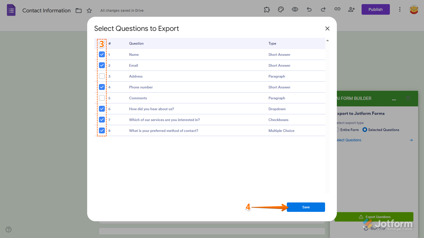 Form Questions in the Select Questions to Export window of Jotform AI Form Builder in Google Forms Editor