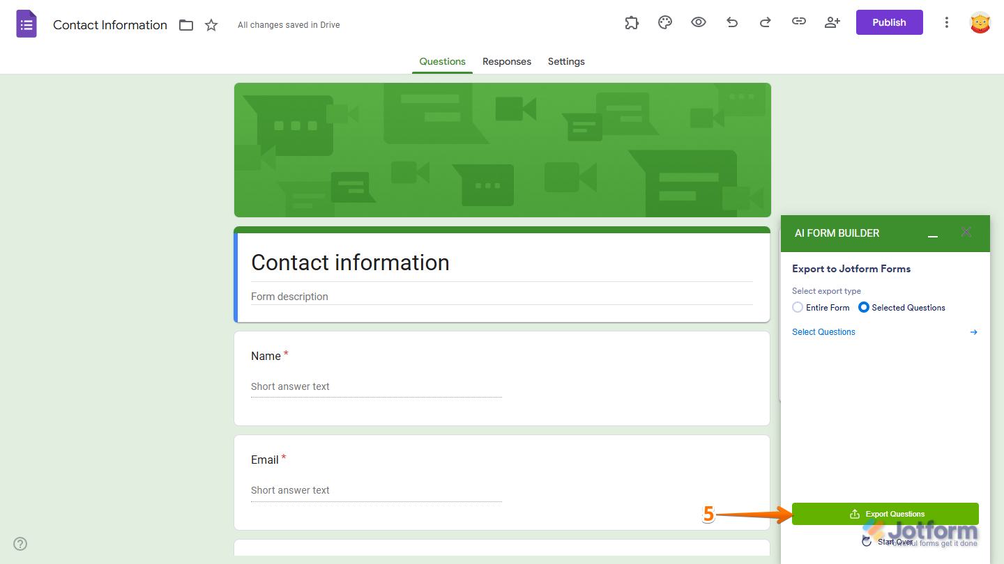 Export Questions button in the Export to Jotform Forms section in Jotform AI Form Builder menu in Google Forms Editor