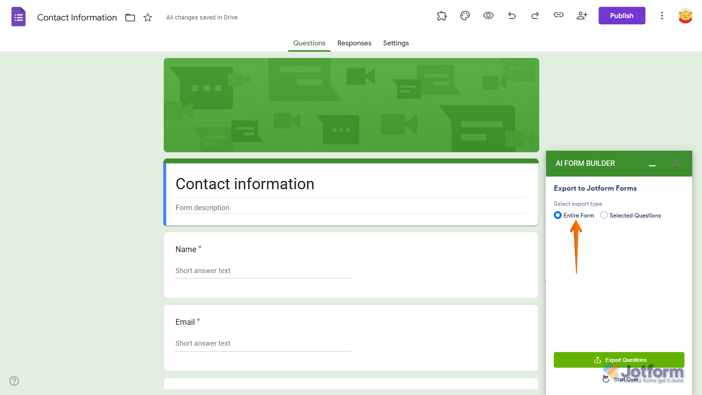 Entire Form option in the Export to Jotform Forms section in Jotform AI Form Builder menu in Google Forms Editor