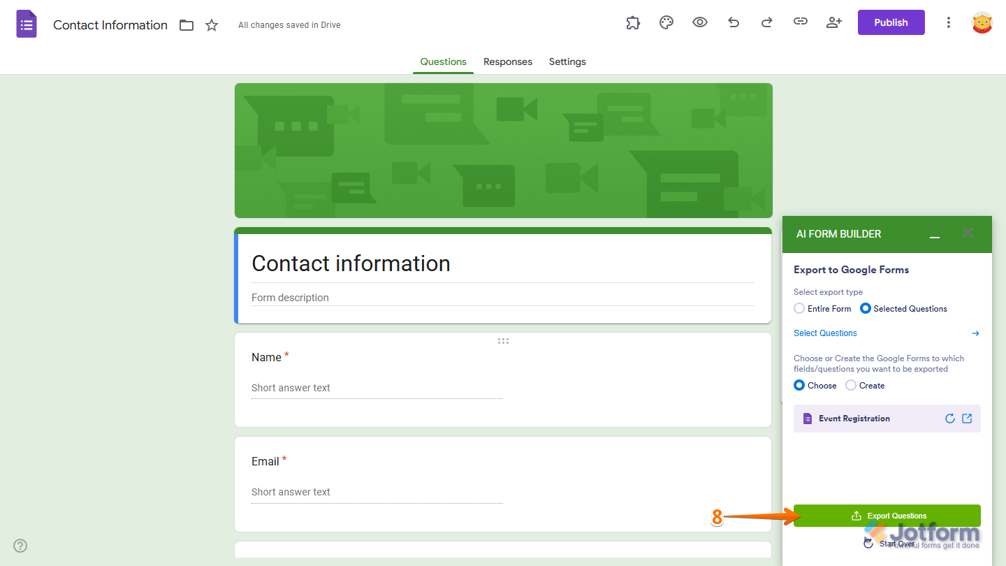 Export Questions button in the Export to Google Form section in the Jotform AI Form Builder menu in Google Forms Editor
