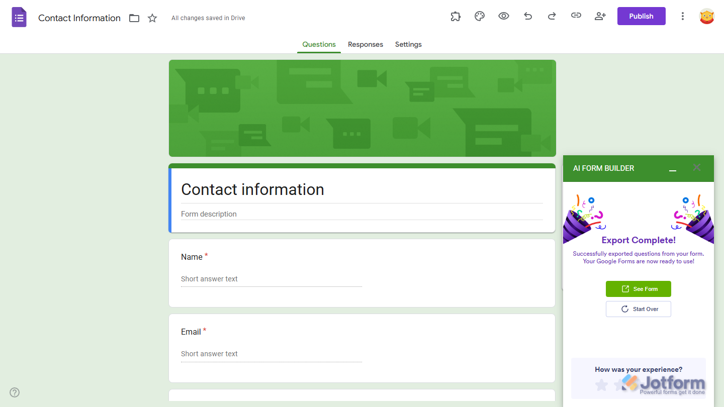 Export Complete message in the Jotform AI Form Builder menu in Google Forms Editor