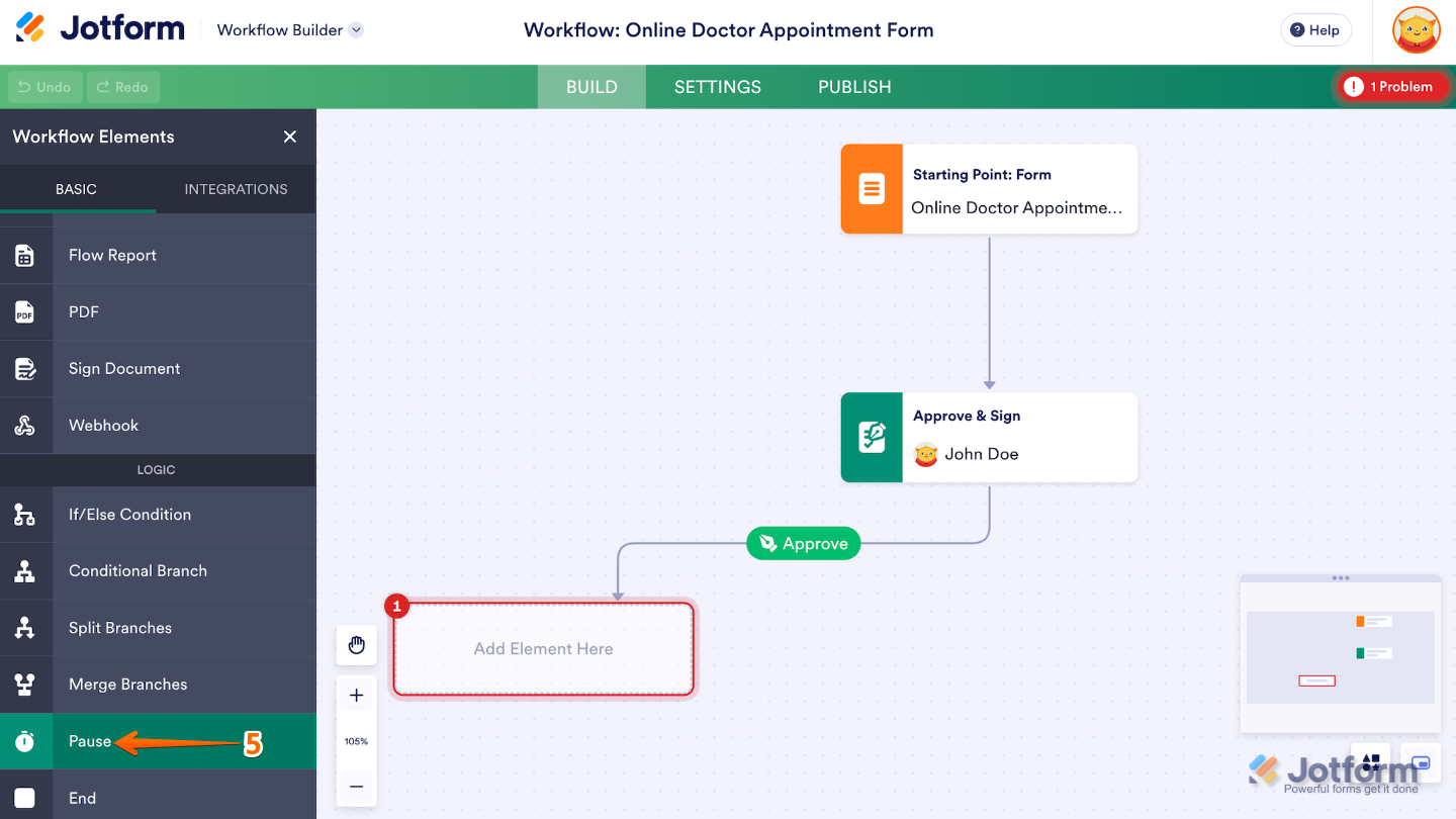 Workflow Elements menu showing the Pause element under the Basic tab
