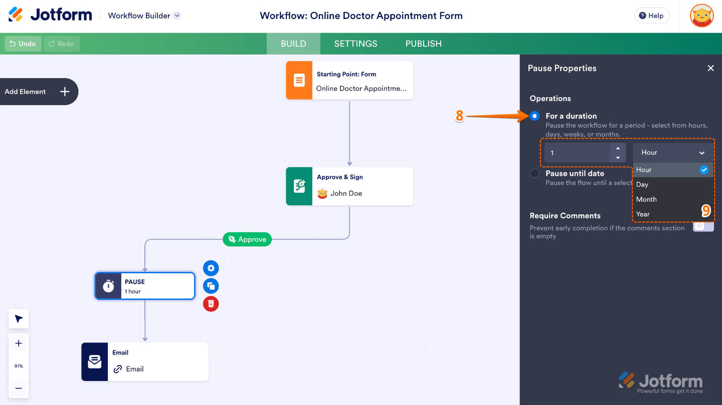Pause Properties panel in Workflow Builder with the For a Duration option selected under Operations