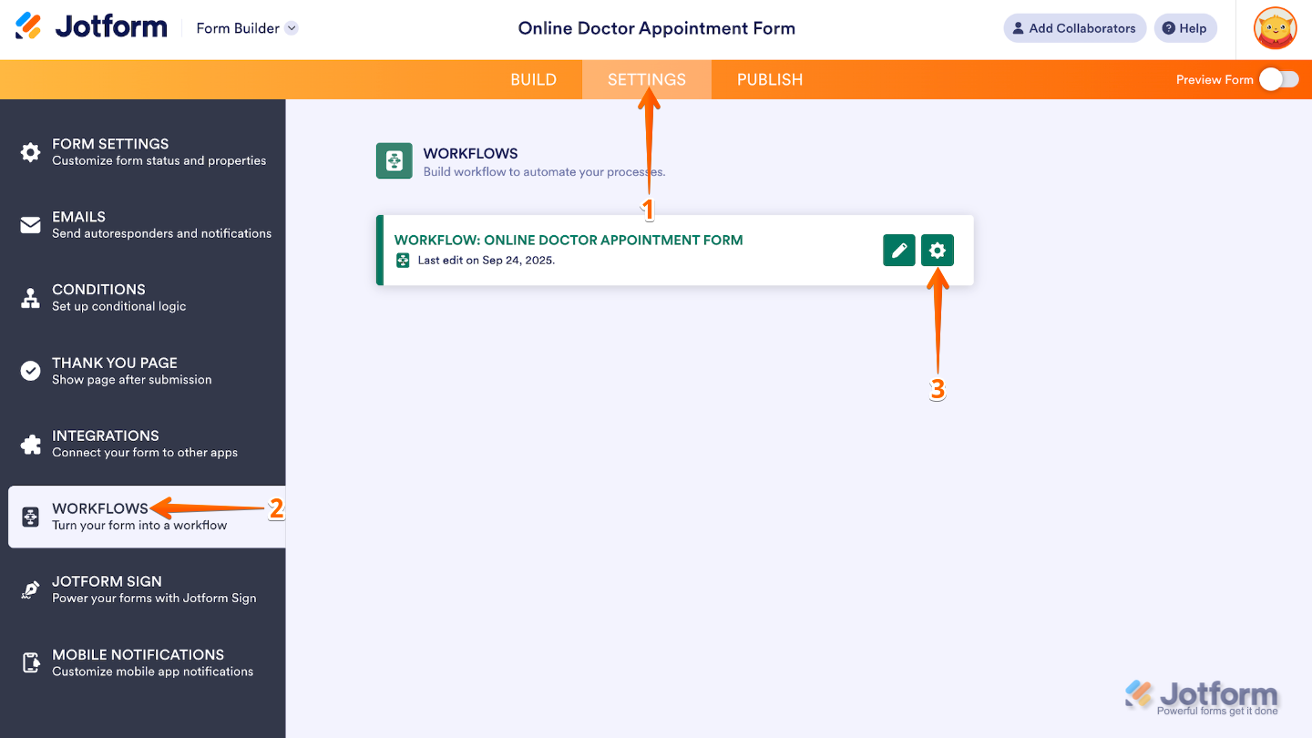 Form Builder Settings page with the Workflows menu selected and a workflow highlighted, showing the Pencil icon used to edit the workflow