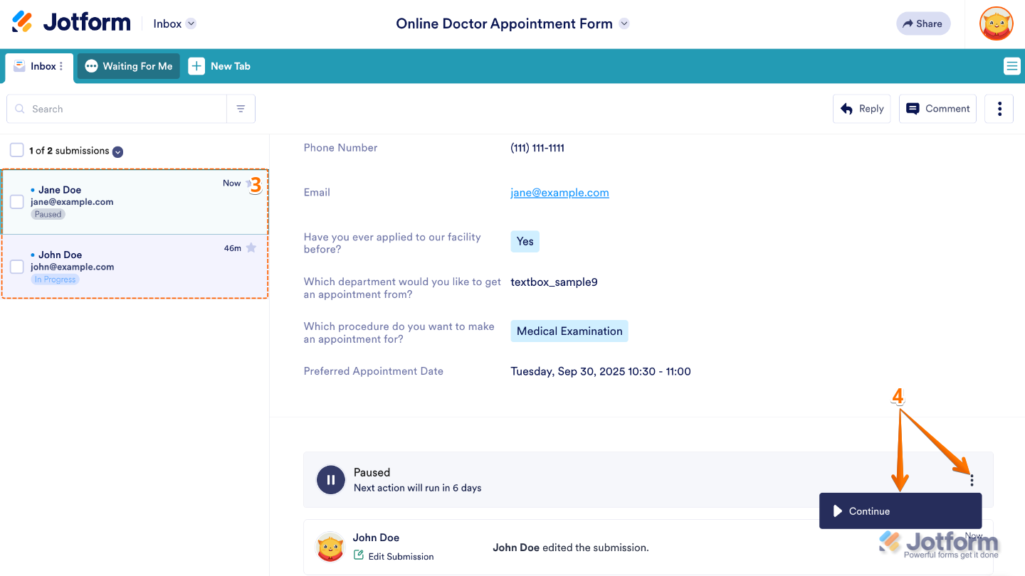 Inbox showing a selected submission with the Paused section expanded and the Continue option chosen from the three dots menu