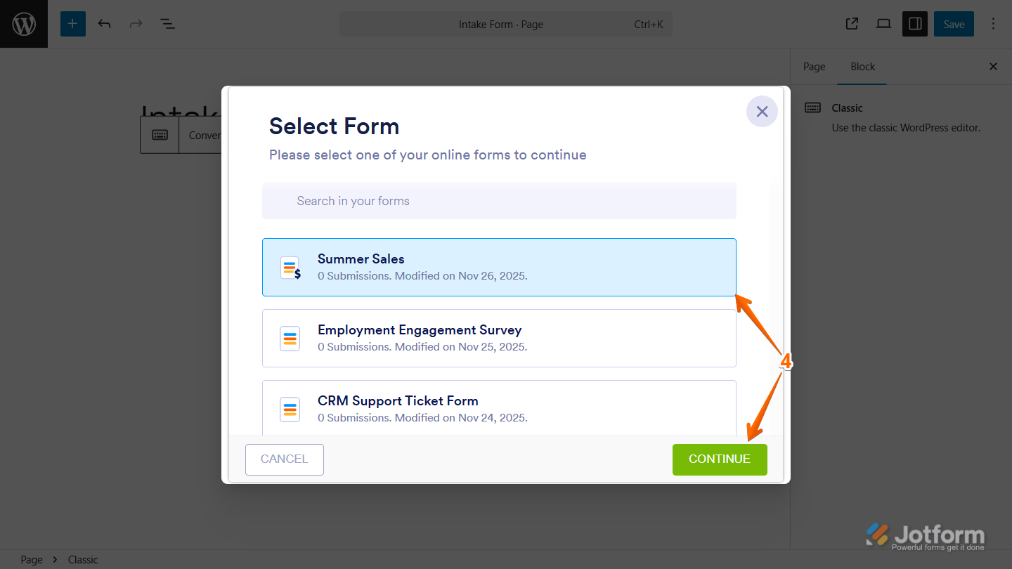 Jotform “Select Form” dialog showing a list of available forms, with one form selected and the Continue button highlighted to proceed with embedding