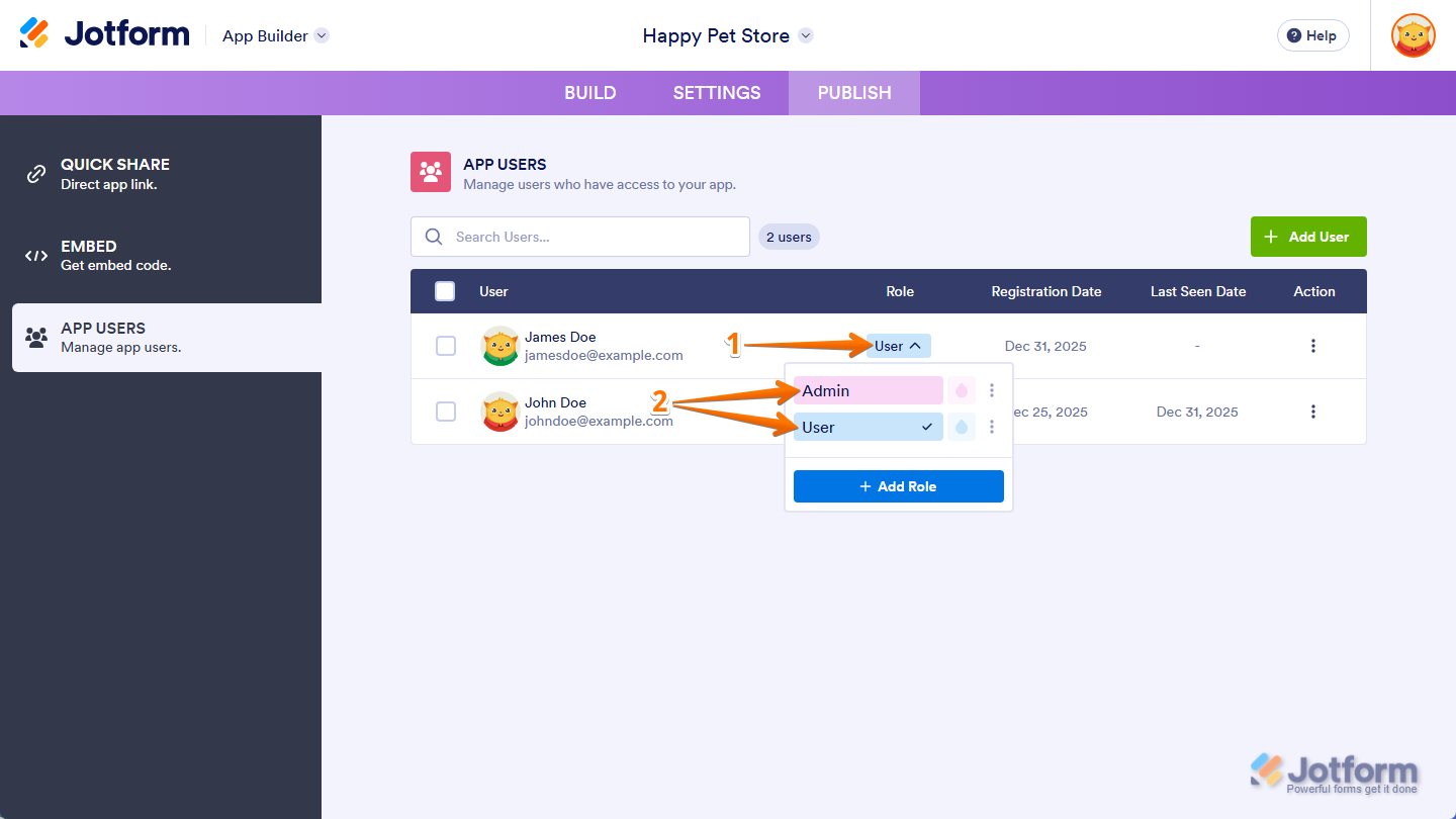 Roles options in Role menu under the Role column in the App Users section under the Publish tab in Jotform App Builder