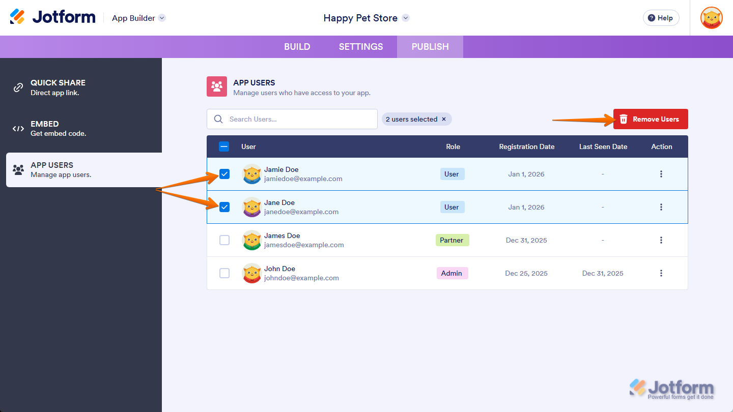 Remove Users button in the App Users section under the Publish tab in Jotform App Builder