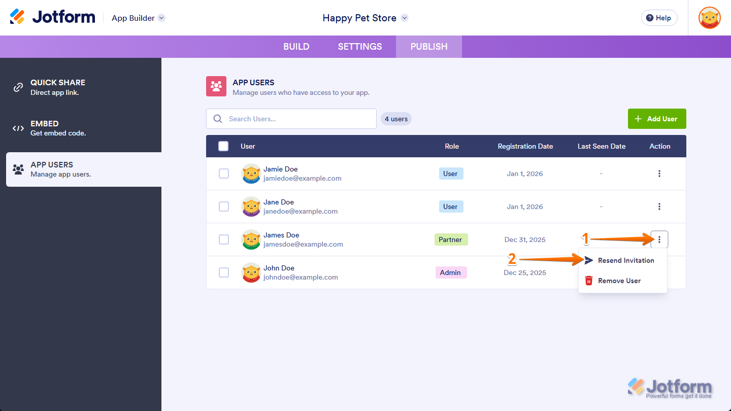 Resend Invitation option in the App User menu n in the App Users section under the Publish tab in Jotform App Builder