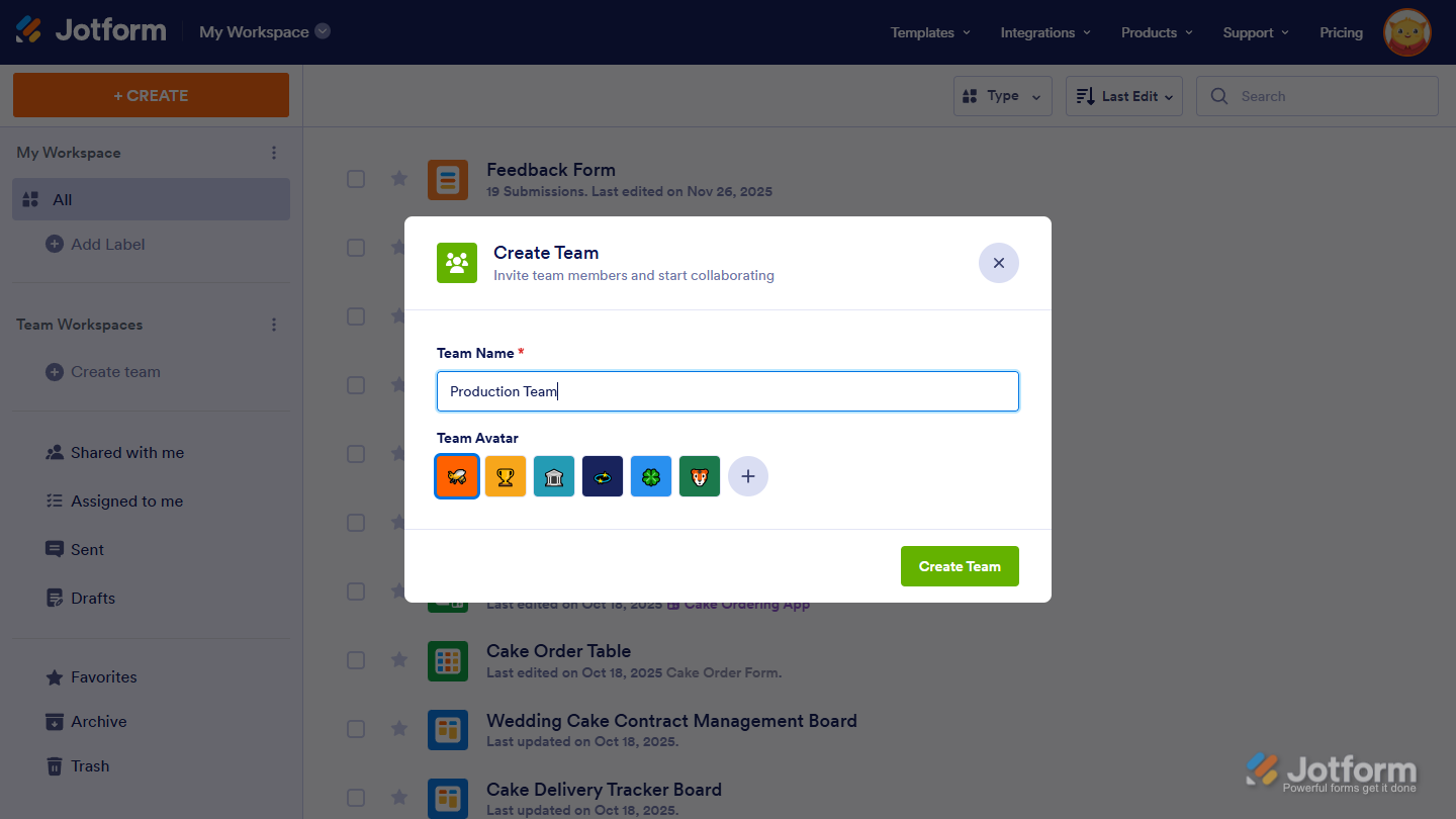 Create Team window on Jotform Workspace page