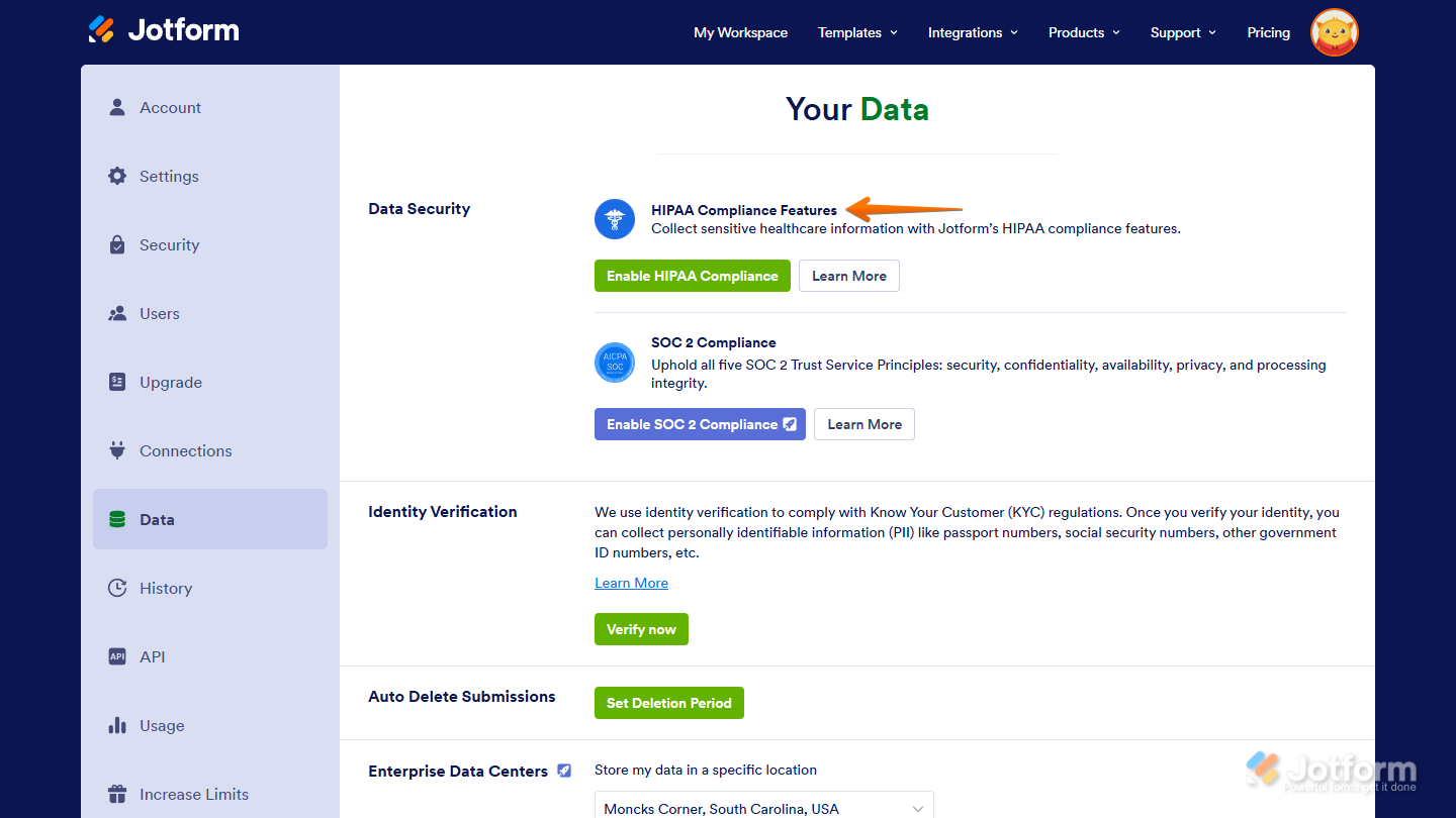 HIPAA Compliance Features in Data Page of Jotform Account
