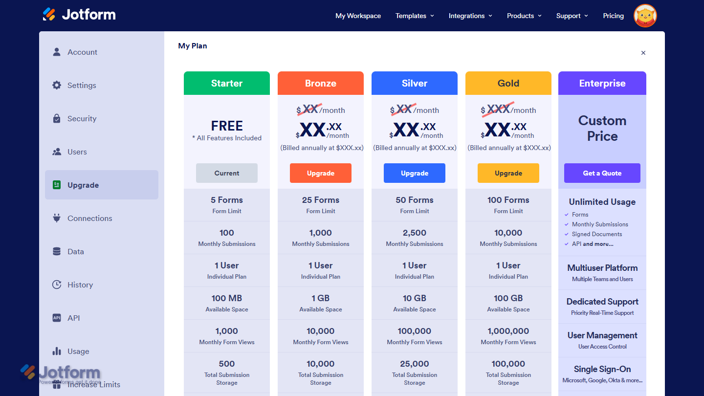 Jotform Free Account Upgrade Page