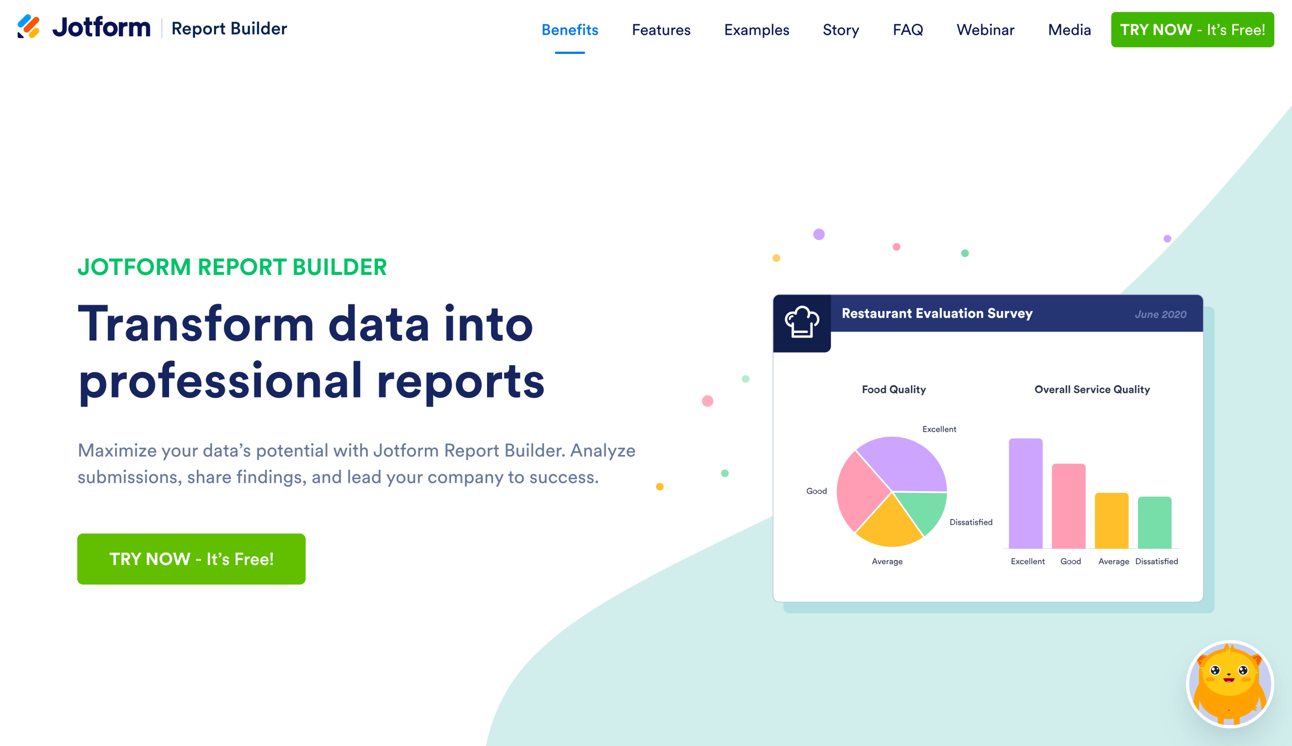 Screenshot of Jotform Report Builder's landing page, showing a headline "Transform data into professional reports"