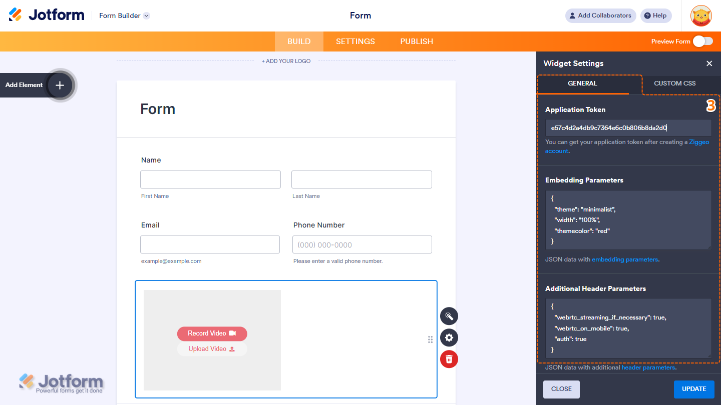 Ziggeo Video Recorder widget General settings showing Application Token embedding parameters and header parameter fields in Jotform