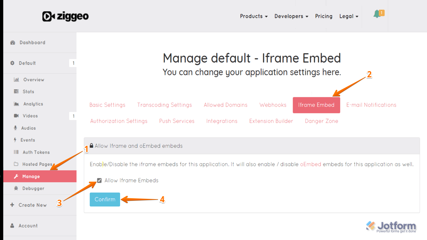 Ziggeo Dashboard settings showing iFrame Embed option with Allow iFrame Embed checkbox enabled