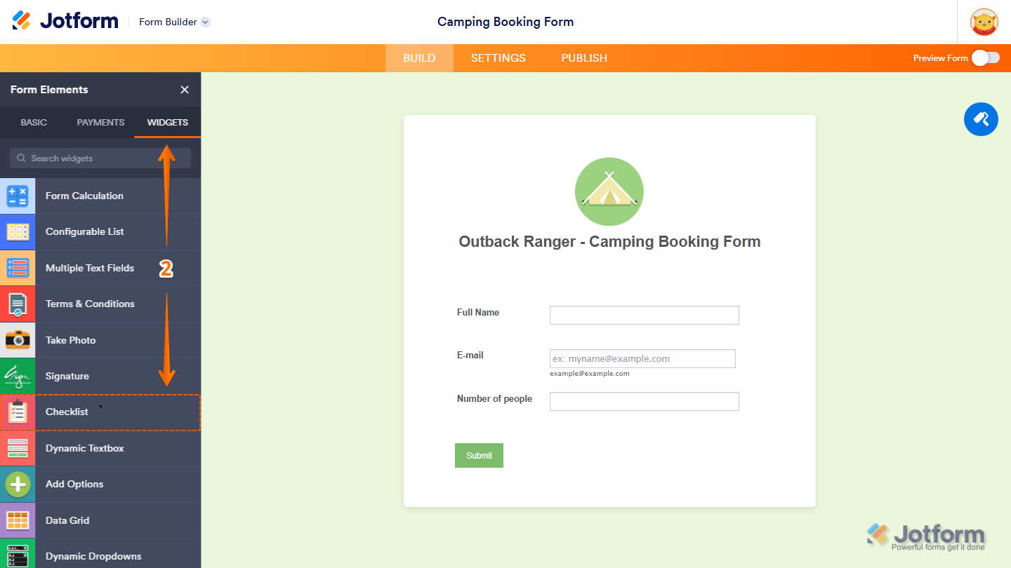 Form Elements Widgets tab showing Checklist widget selection in Jotform