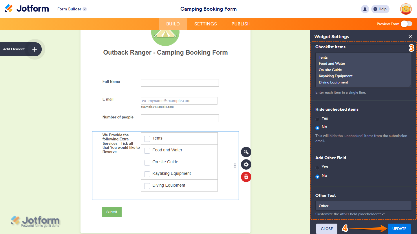 Widget General settings panel showing configurable options list with Update button in Jotform