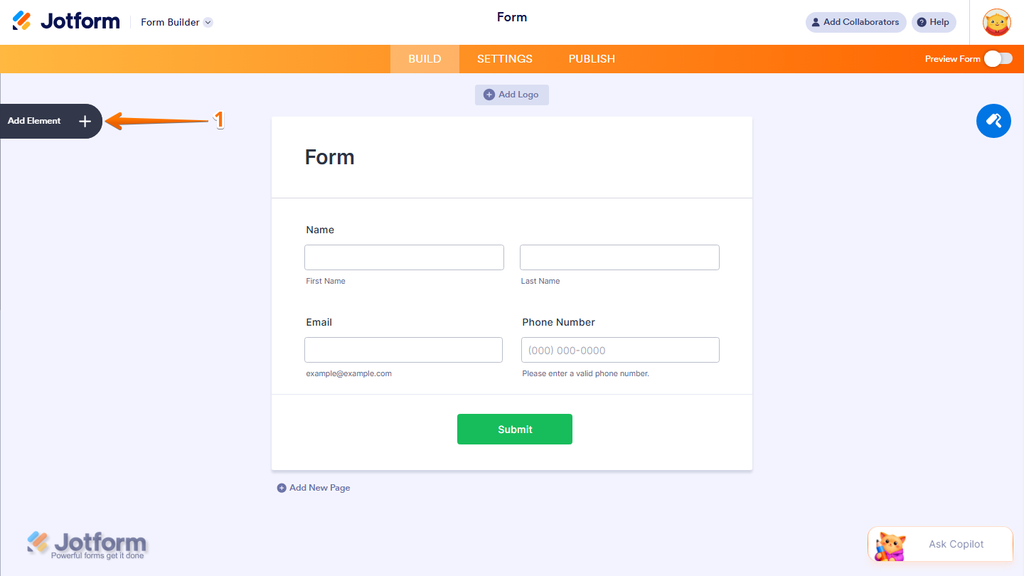 Jotform Form Builder with the Add Element button highlighted on the left side of the page for adding a new form element