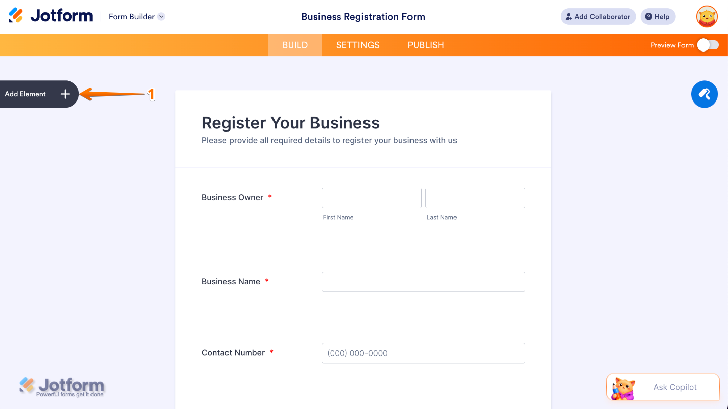 Form Builder interface showing the Add Element button on the left side of the page