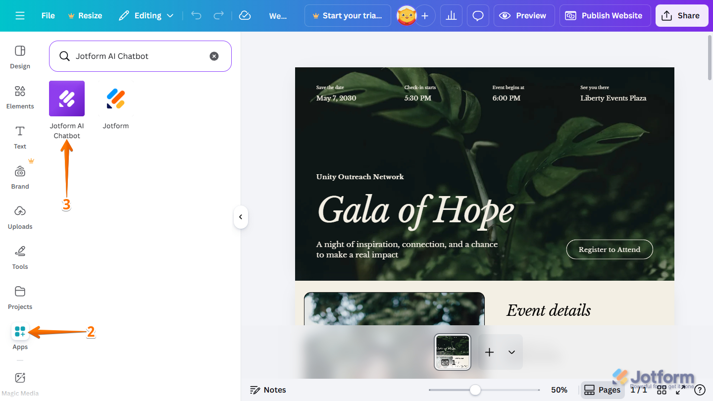 Jotform AI Chatbot in the Apps section of a Canva design