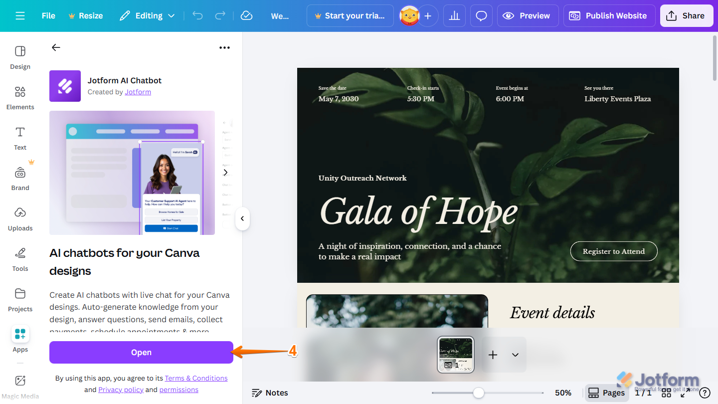 Open button of the Jotform AI Chatbot