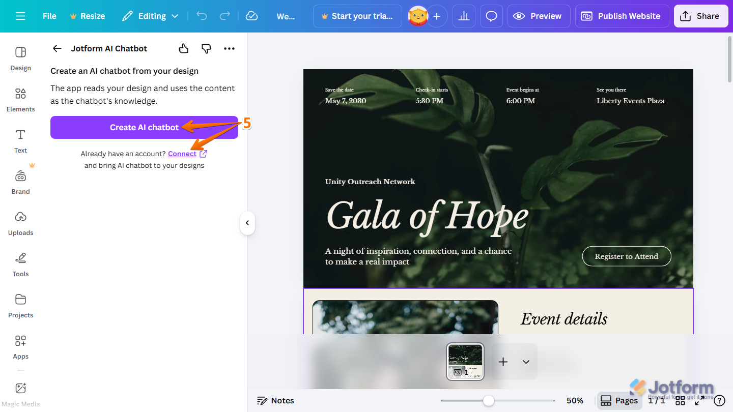 Create AI Chatbot button and Connect link in Jotform AI Chatbot