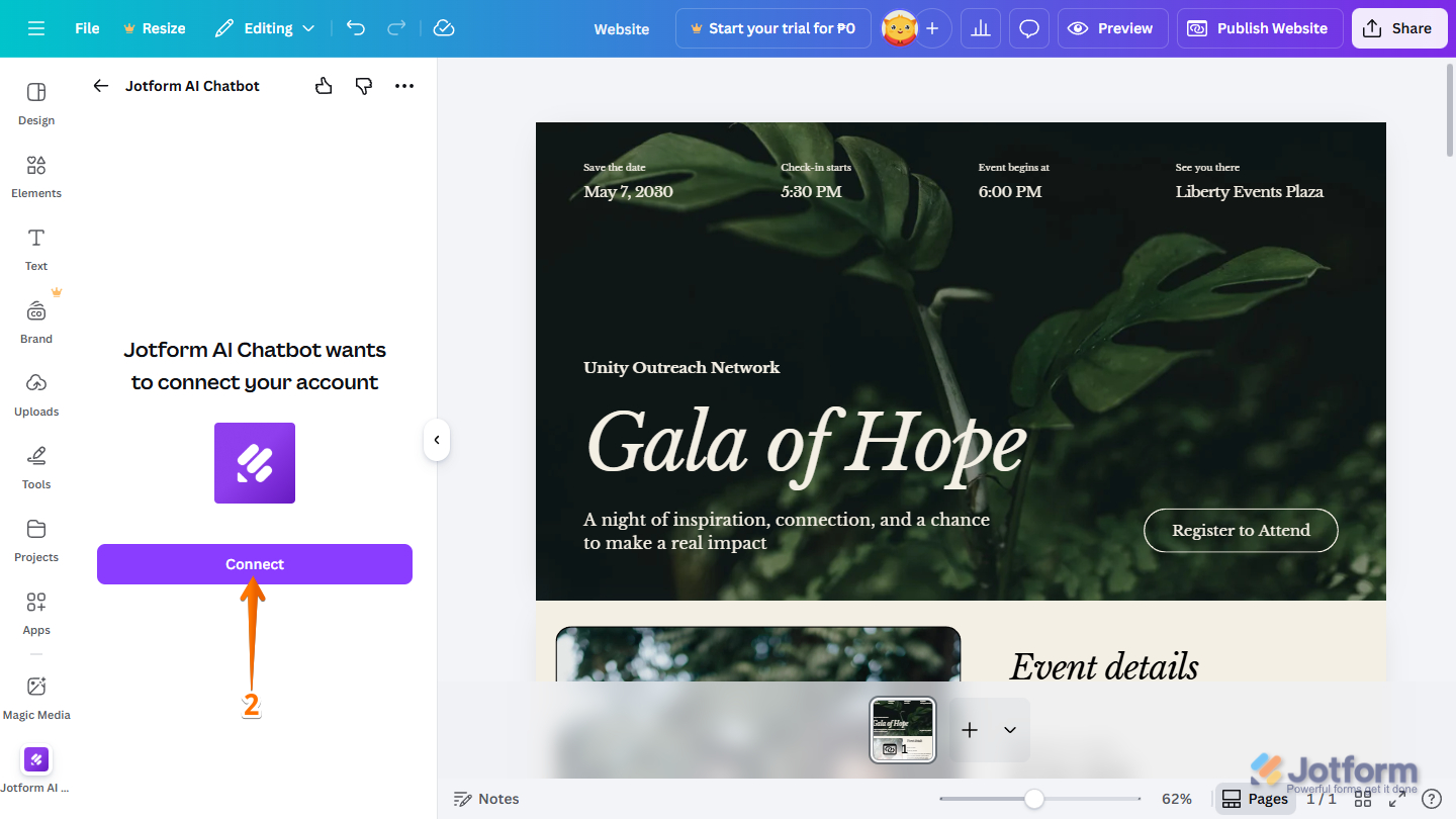 Connect button in the Jotform AI Chatbot section